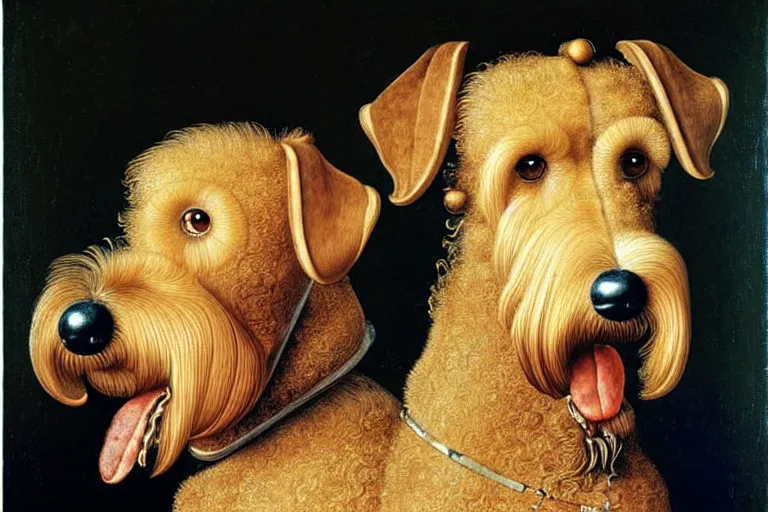 Image similar to portrait of airedale terrier. painting by giuseppe arcimboldo