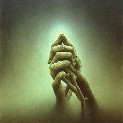 Prompt: hand and arm reaching out of thick fog, psychedelic, zdzislaw beksinski