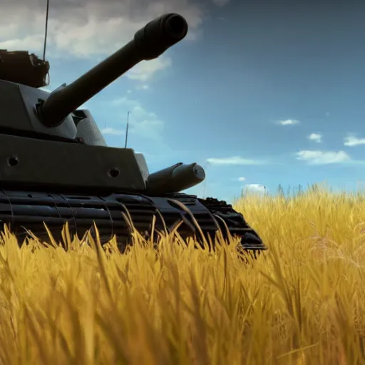 Image similar to a screenshot from nier : automata, with 9 s android destroying a t 6 2 russian tank in yellow rye field under pure blue skies