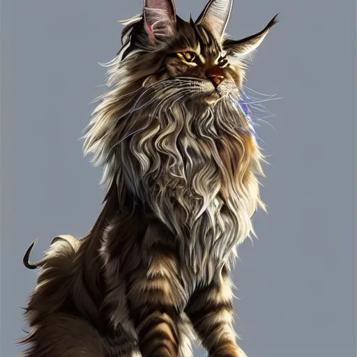 Image similar to maine coon, anthropomorphic large maine coon, dnd bipedal character, musketeer outfit, aware. furry. dnd character concept, dnd digital painting, dnd artstation, dnd concept art, smooth, super sharp focus, illustration, art by artgerm and h r giger and alphonse mucha