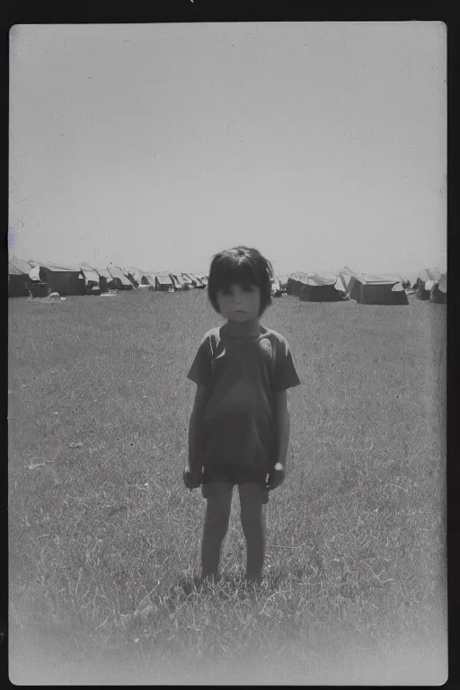 Image similar to photo polaroid of a sad and lonely child stands in the middle many tents of field hospitals, pandemic, covid,loneliness, black and white ,photorealistic, 35mm film,