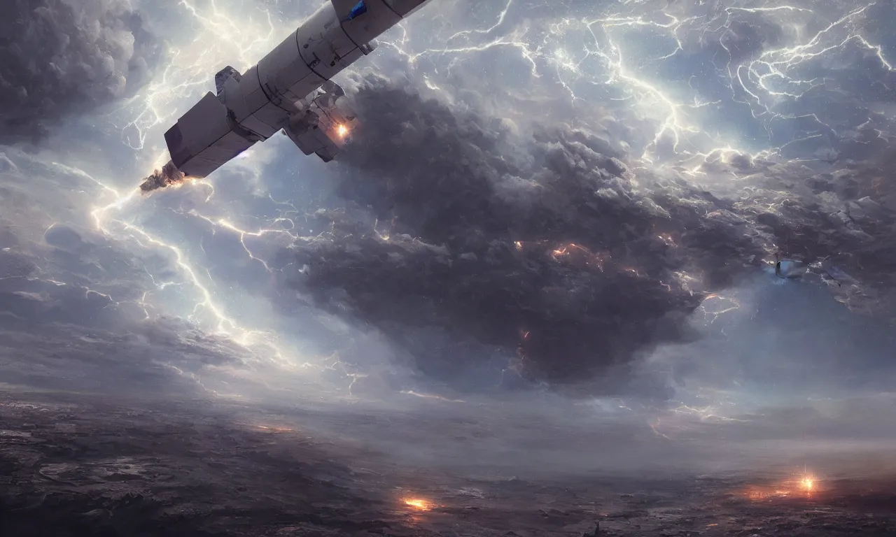 Prompt: astronaut's point of view satellites falling into the earth's atmosphere, thunderstorm in the sky, smooth realistic lighting, detailed, by greg rutkowski, wlop, nixeu, artgerm, trending on artstation