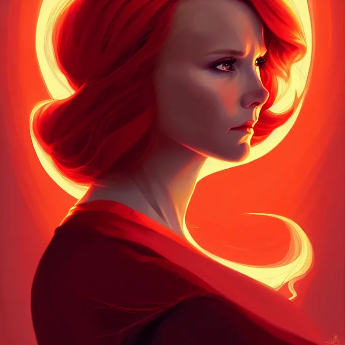 Image similar to style artgerm, joshua middleton, beautiful kristen bell with dark red dress, very long orange hair, symmetrical face, symmetrical eyes, fire powers fire swirling, detailed, volcano setting, cinematic lighting