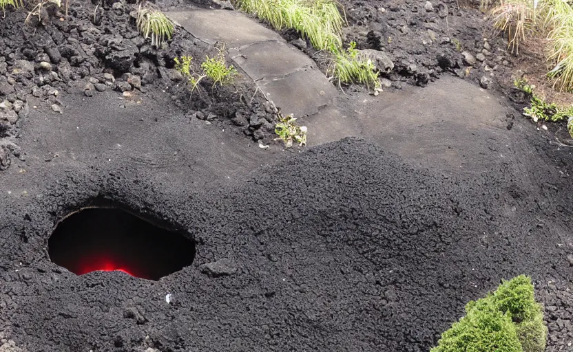 Image similar to miniature volcanic cone erupting with streams of lava in a suburban yard, ground level