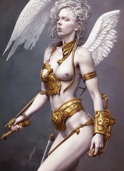 Prompt: high porcelain baroque stunning woman body sensual angelic warrior fighting pose the army of the demon lord, 8 k, hyperrealistic hyperdetailed pastel maria panfilova, andrea savchenko, sensual mike kime, ludovic plouffe, qi sheng luo, oliver cook, trending on artstation