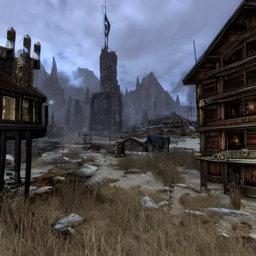 Prompt: a city in skyrim fallout
