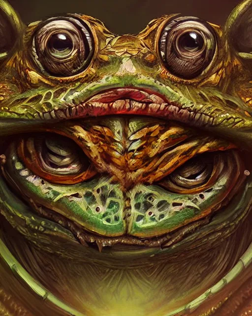 Prompt: digital painting of an aztec frog monster warrior by filipe pagliuso and justin gerard, symmetric, fantasy, detailed, intricate, portrait, sharp focus, tarot card, handsome, gwent