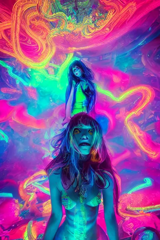 Prompt: a beautiful girl engulfed in colorful neon liquid clouds and neon smoke, a colorful psychedelic experience, psilocybin, dmt, lsd, face, highly detailed, artstation, concept art,, sharp focus, digital art by hana yata, and artem demura and beeple, lisa frank, octane render, unreal engine, 8 k