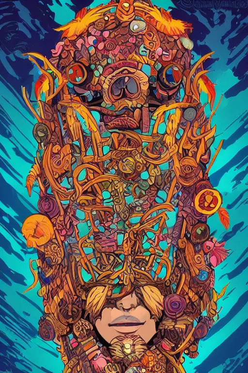 Image similar to animal mask totem roots tribal feather gemstone plant wood rock shaman vodoo video game vector illustration vivid multicolor borderlands comics by josan gonzales and dan mumford radiating a glowing aura