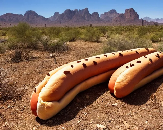 Prompt: archeologists finding a giant hot dog in the ground, amazing desert mountains, award winning photograph