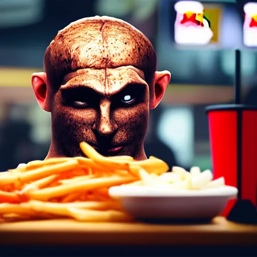 Image similar to photograph of a man with a steak head begging for food at mc donalds, 8k resolution, high detail, ULTRA REALISTIC VFX, reflections