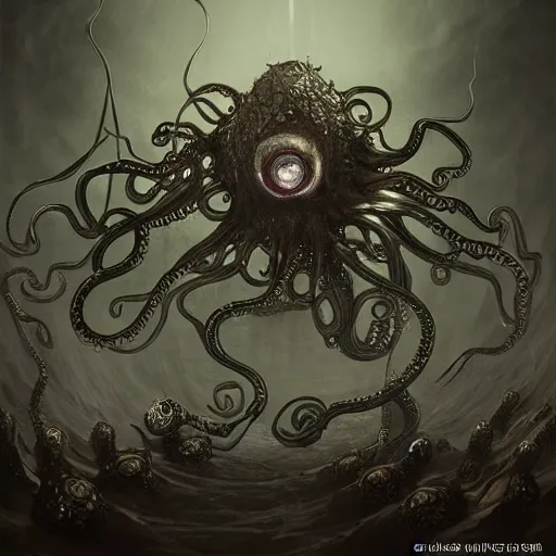 Prompt: unimaginable faceless creature, many eyes, many tentacles, many teeth, dark souls inspired, concept art by Hidetaka Miyazaki