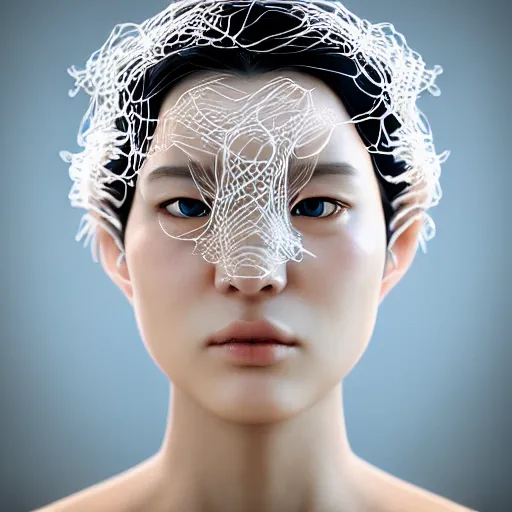 Image similar to intricate highly detailed face portrait of asian - european woman, light blue plastic vines on her face, intricate, cgsociety, unreal engine, octane render, sharp focus, smooth, volumetric lighting, cinematic composition, artstation