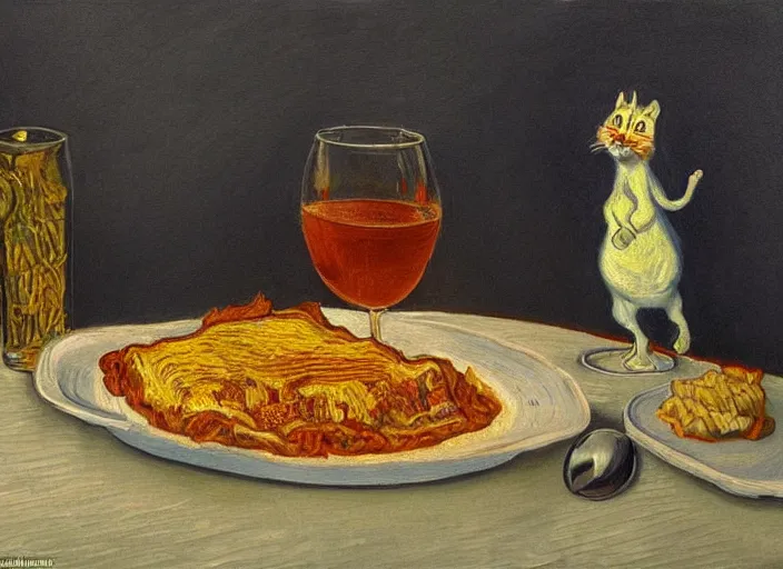 Image similar to detailed realistic realism painting of garfield eating lasagna at dusk, in the style of vincent van gogh and salvador dali and leonardo da vinci