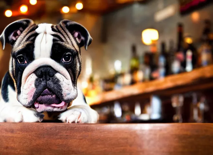 Prompt: a closeup, 4 5 mm, detailed photograph of a english bulldog holding a beer on a bar - stool, sitting at a bar on a bar - stool, beautiful low light, 4 5 mm, by franz lanting