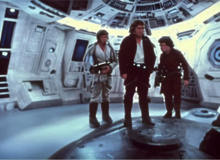 Image similar to screenshot from the lost star wars film, the lost jedi, scene of Han Solo on the millenium falcon, he's talking to a small blue hologram of Luke Skywalker, iconic scene from the 1980s sci fi thriller directed by Stanely Kubrick film, color kodak stock, anamorphic lenses, detailed faces, moody cinematography