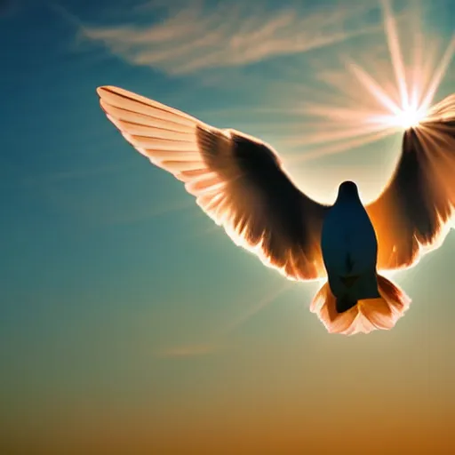 Prompt: Close-up realistic shot of a radiant shining white dove flying over the clouds at sunset, ethereal, vintage photograph, film grain, surreal, awe-inspiring, highly detailed, blue and orange color scheme