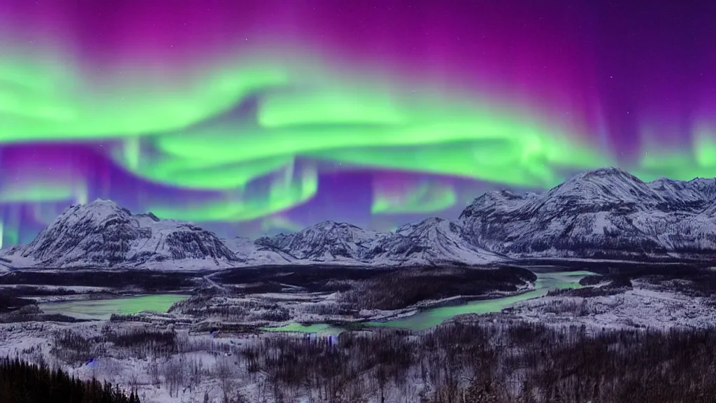 Prompt: ignis fatuus, aurora borealis, mountains in the distance, multiple moons, future city