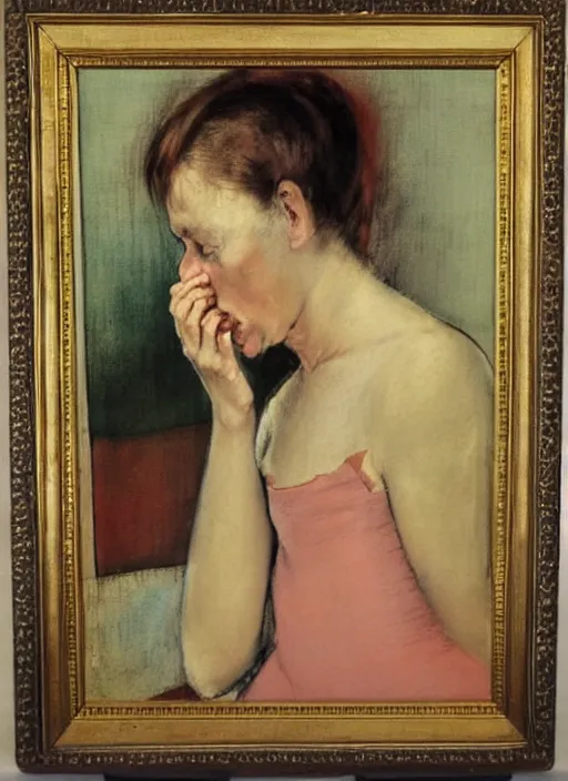 Prompt: vintage beautiful painting of a patient coughing in a sanatorium speeding a disease in Mary Cassatt style