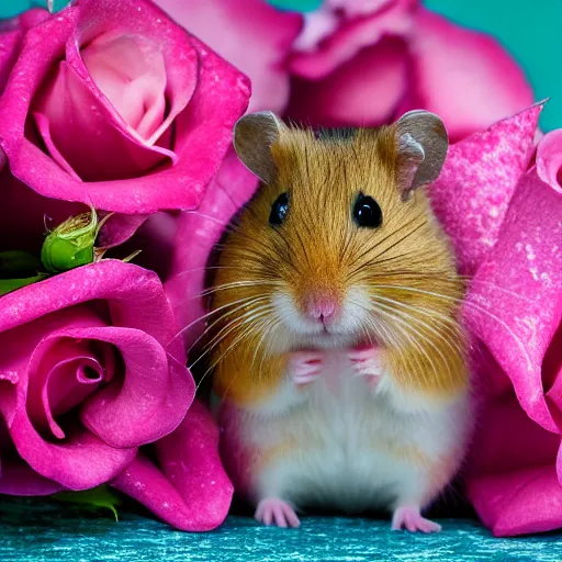 Prompt: detailed photo of a hamster holding roses, various poses, full body, unedited, daylight, dof 8 k