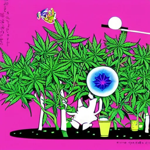 Image similar to conspiracy to keep cannabis freedom to grow pot plants in backyards illegal, colorful whimsical fantasy, by chiho aoshima
