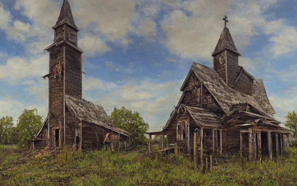 Prompt: an old wooden church rotting away in the bayou, realistic, oil painting, dynamic composition, ultra detailed