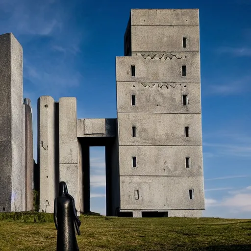 Prompt: scifi brutalist monumental castle, behemoth standing on a hill, with brutalist statues, photography