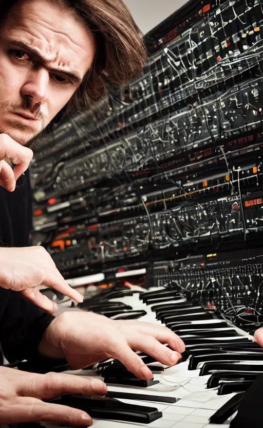 Prompt: portrait of an extremely frustrated sophisticated male electronic serialist compser with long brown hair in front of his broken synthesizer, all ruined, expressionist grid photo, masculine, brutal