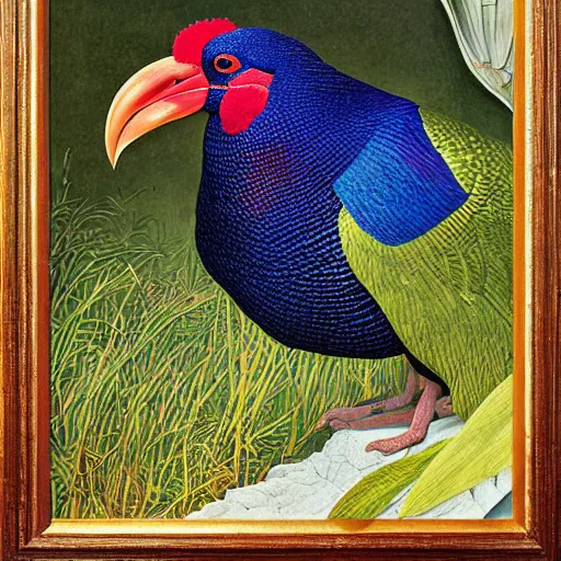 Image similar to close - up takahe, painting in the museum, highly detailed, sharp focus, digital painting, artwork by john james audubon, by victor adame minguez by yuumei by tom lovell by sandro botticelli