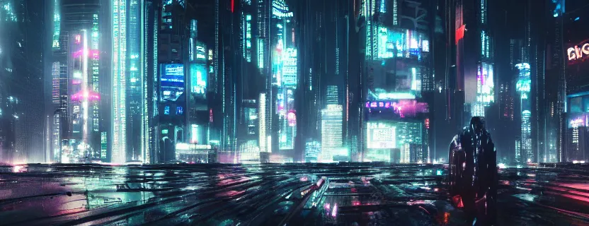 Image similar to shot of the man standing on the roof, looks at impressive cyberpunk city at night during great storm, nightscape, futuristic architecture, realistic photo, neons, blade runner, akira style, cinematic lighting, cinematic angles