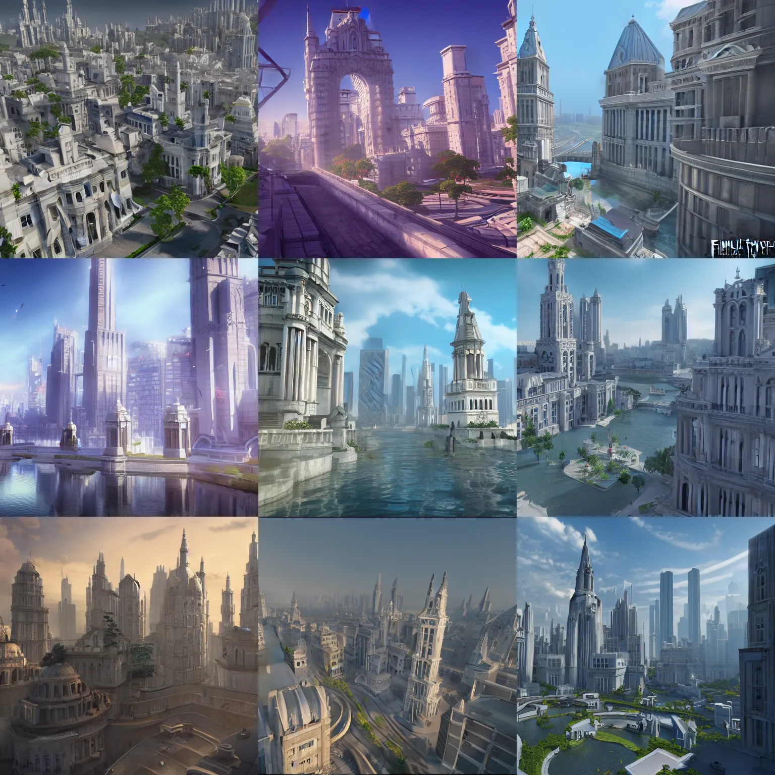 Prompt: fantasy city, white marble buildings, high towers, bright, waterways, smooth, artstation, anime, high realism, 8k, unreal engine