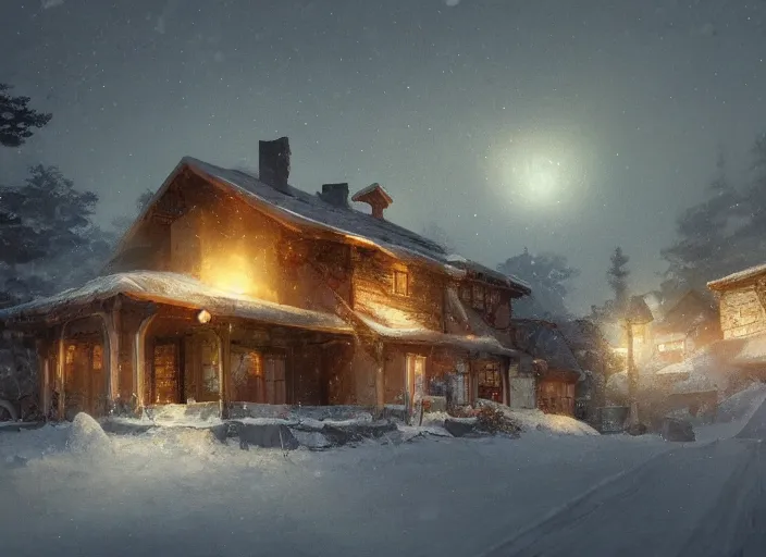Prompt: snow - covered house, smoke from the stove, night, stars in the sky, winter landscape, painting by craig mullins, octane rendering, wide angle lens, in the style of hayao miyazaki, trending on artstation,