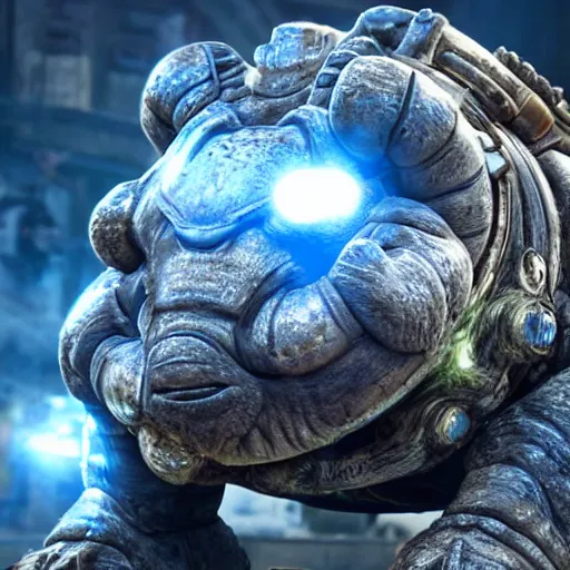 Image similar to Blastoise as Blastoise in gears of war, splash art, movie still, detailed face, photorealistic facial features, cinematic lighting, dramatic, octane render, long lens, shallow depth of field, bokeh, anamorphic lens flare, 8k, hyper detailed, 35mm film grain