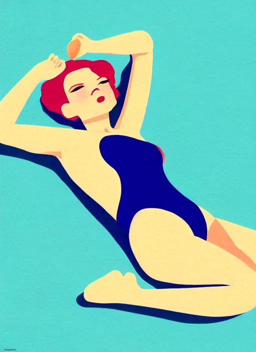 Prompt: portrait of a girl, in retro swimsuit, lying by the pool, minimalist illustration, flat colors, contrasting shadows art by anri matiss, maria medem, roberts rurans
