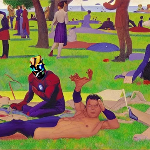 Prompt: ironman, thanos, captain america a sunday afternoon on the island of la grande jatte, painting