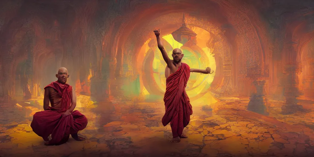 Image similar to indi gods india monk, colorful, contrast, 3 d scene, greg rutkowski, zabrocki, karlkka, jayison devadas, trending on artstation, 8 k, ultra wide angle, zenith view, pincushion lens effect