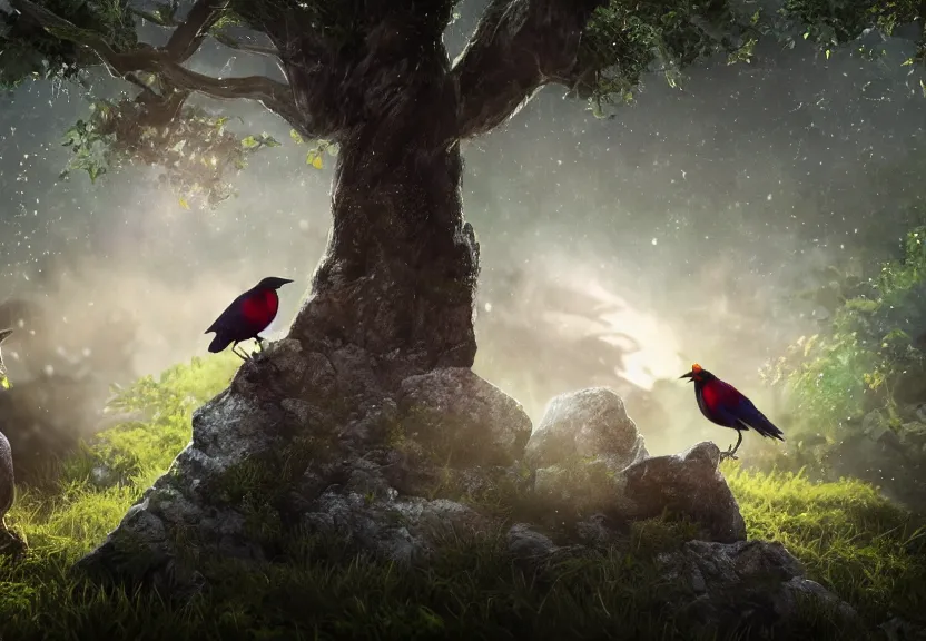 Prompt: a 4k render of a magical crows wearing tiny wizard hats, standing on a rock, warm natural lighting, under the soft shadow of a tree, slight haze