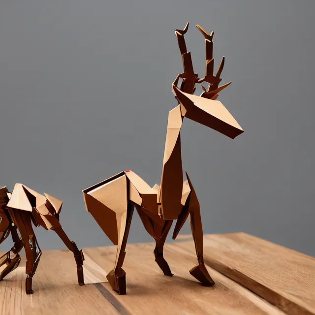 Image similar to a photograph of a deer origami and a humanoid robot mecha origami on top of a wooden table