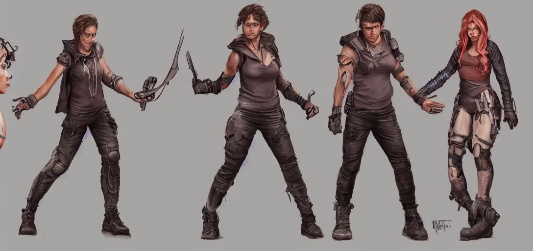 Image similar to character sheet concept art of male and female movie characters, renaissance, futurepunk, parkour, rebel, realistic, hyper realistic, photographic, costume, by marc brunet and artgerm