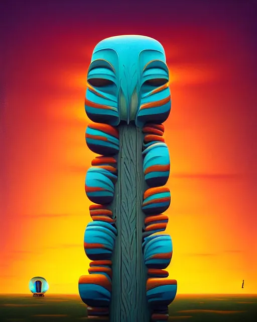 Prompt: a painting of randy manzo totem pole, a surrealist painting by Naoto Hattori, sunset, by Beeple, symmetry, by Makoto Shinkai and Lois van baarle, trending on deviantart, pop surrealism, lowbrow,, whimsical