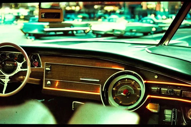 Prompt: first - person perspective in the interior of a vintage car looking over the elaborate dash with glowing radio dial, looking through the car window at a city street hotels with lit windows and neon animated casino signs, automobiles in 1 9 7 0's las vegas at night,!! color photo!!, vintage film artifact