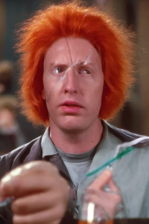 Prompt: an awkwardly tall scientist with a tangled orange bead and unruly red hair atop his balding head, high resolution film still, movie by Ivan Reitman