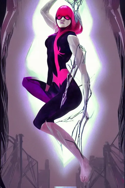 Image similar to a dramatic ethereal epic painting of Spider-Gwen | tarot card, art deco, art nouveau, realistic | dramatic lighting | by Dresden Codak, by Mark Maggiori and Alphonse Mucha | trending on artstation