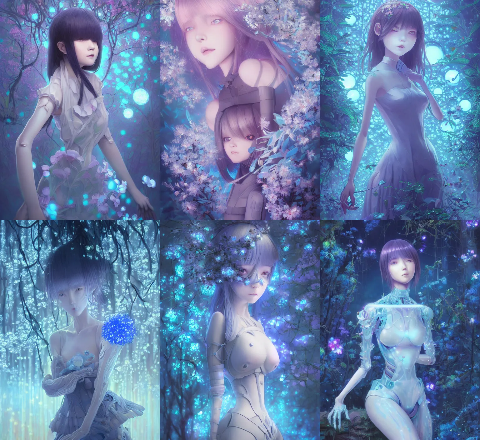 Prompt: detailed, sharp, beautiful dreaming humanoid female automata in exoskeleton surrounded by glowing blue flowers and flora floating above a dystopia by Ilya Kuvshinov and Anna Dittmann and studio ghibli and WLOP and Rossdraws, busty, digital art, surreal, trending on artstation, anime arts, featured on Pixiv, blue lighting, HD, 8K, highly detailed, good lighting, beautiful, epic, masterpiece