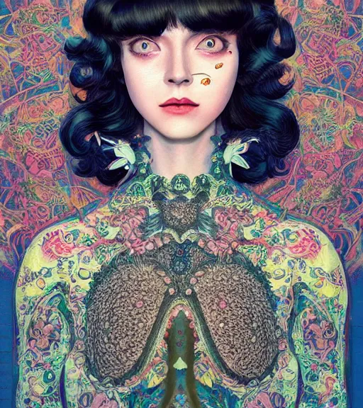 Image similar to beautiful girl, short black curly hair, round face : : by martine johanna and simon stalenhag and chie yoshii and casey weldon and guillermo del toro : : ornate, dynamic, particulate, rich colors, intricate, elegant, highly detailed, centered, artstation, smooth, sharp focus, octane render, 3 d