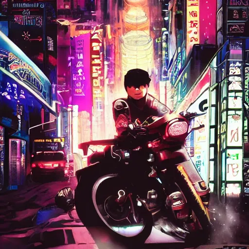 Prompt: kaneda on his motorcycle in neo tokyo looking for akira, night, neon lights, speed, art by katsuhiro otomo, ultra detailed, 8 k