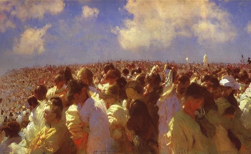 Prompt: high quality high detail painting by ilya repin, a long row of people standing in the clouds, hd