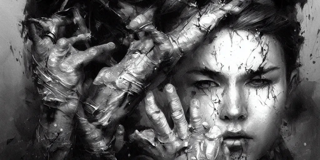 Image similar to highly detailed black and white oil painting, portrait, hand gesture, beautiful, dark, masterpiece, art by durero, riccardo federici, james jean, craig mullins, illustration, draw, spatula, splash