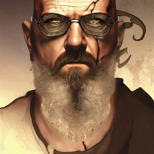 Image similar to Heisenberg as Kratos, highly detailed, digital painting, artstation, concept art, smooth, sharp focus, illustration, ArtStation, art by artgerm and greg rutkowski and alphonse mucha and J. C. Leyendecker and Edmund Blair Leighton and Katsuhiro Otomo and Geof Darrow and Phil hale and Ashley wood and Ilya repin and Charlie Bowater