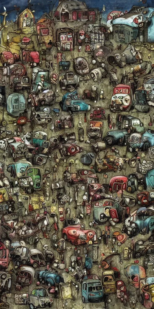 Image similar to a junkyard scene by alexander jansson and where's waldo